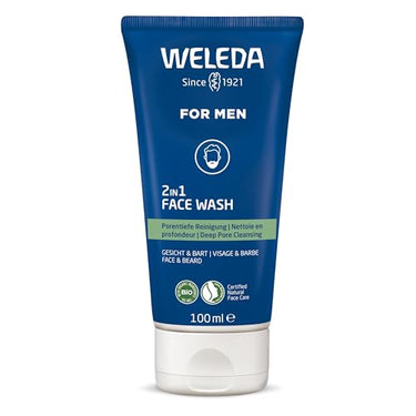 WELEDA Bio FOR MEN 2-in-1 Face Wash – refreshing natural cosmetics men's facial cleansing/beard care wash gel with willow bark and licorice root. Men's cleansing gel for face and beard (vegan / 100 ml) on sale